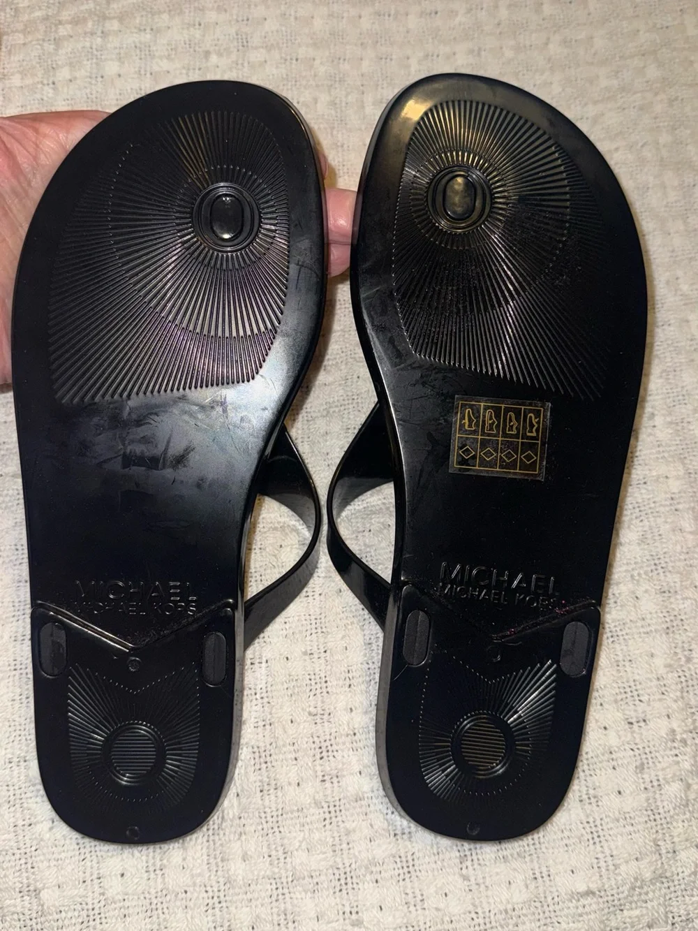 NWT Michael Kors Black Patent Jelly Thong Sandals with Gold MK Emblem